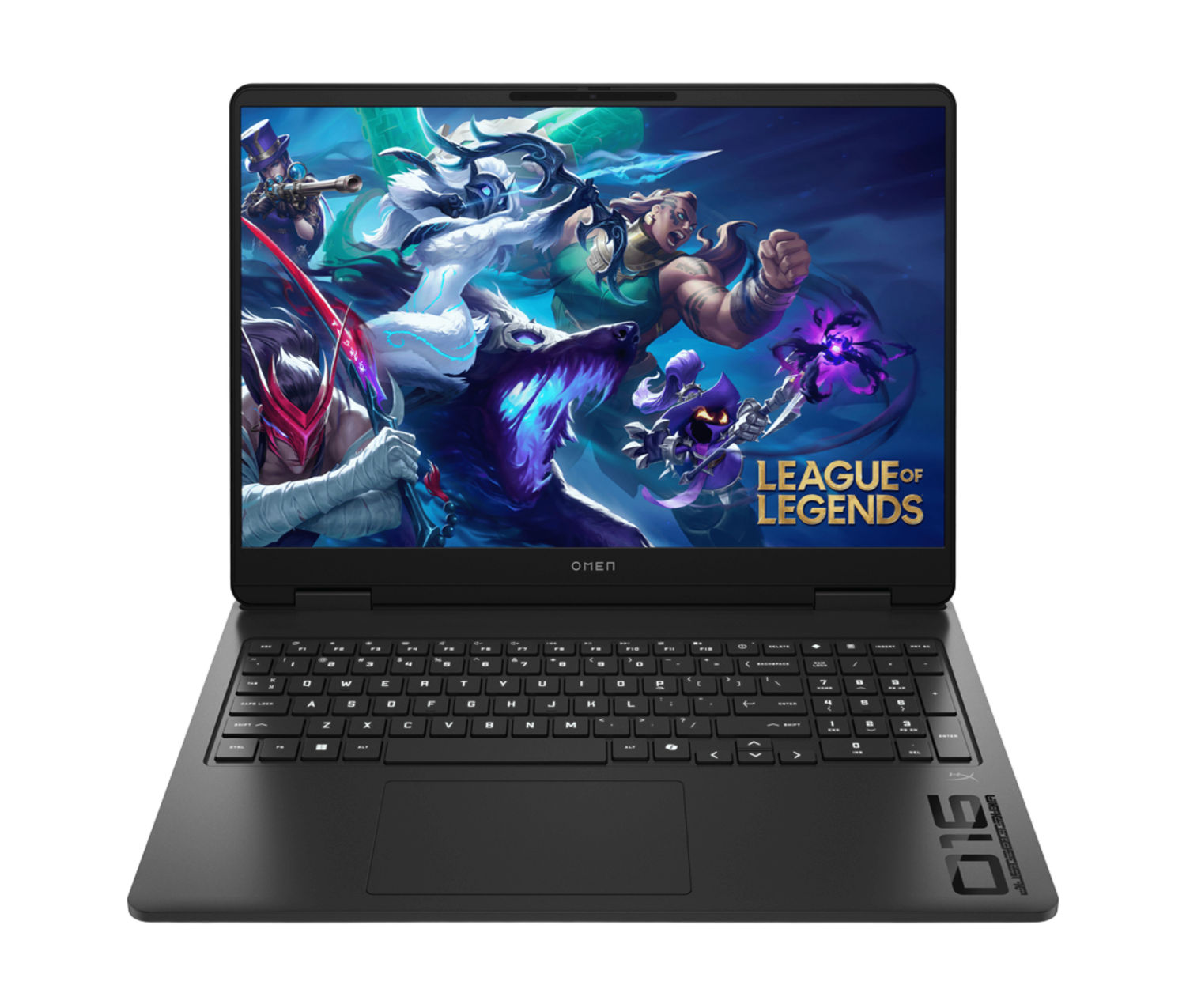 Un portátil mostrando arte de League of Legends con personajes en combate.