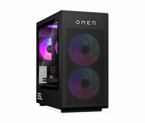 Torre de PC OMEN negra con ventiladores RGB visibles a través de un panel lateral de vidrio.
