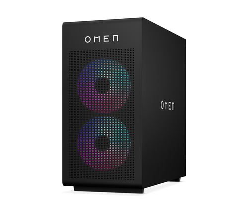 PC gamer OMEN negro con ventiladores RGB y logo.