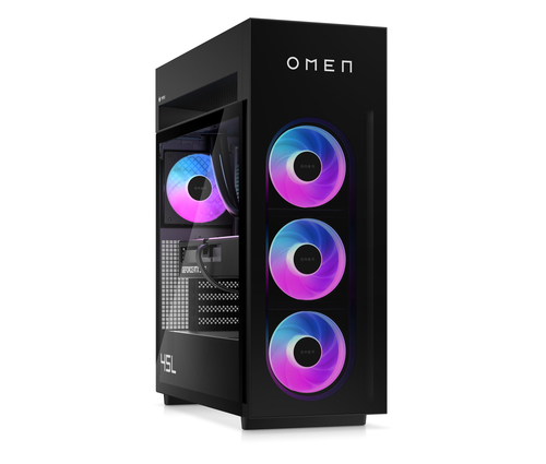 PC gaming OMEN negro con ventiladores iluminados y panel lateral transparente.