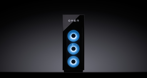 Un PC OMEN negro con tres ventiladores azules sobre fondo oscuro.
