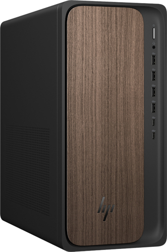 Torre de ordenador de sobremesa negra con panel frontal de veta de madera y logo HP.