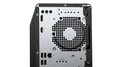 Parte trasera de un ordenador con puertos como USB, HDMI, Ethernet y conectores de audio.