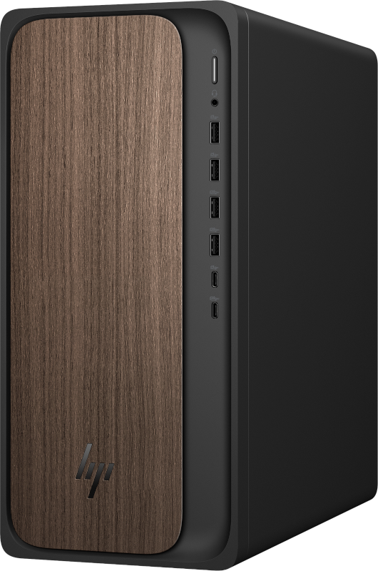 Torre de PC negra con veta de madera y logo plateado de HP.