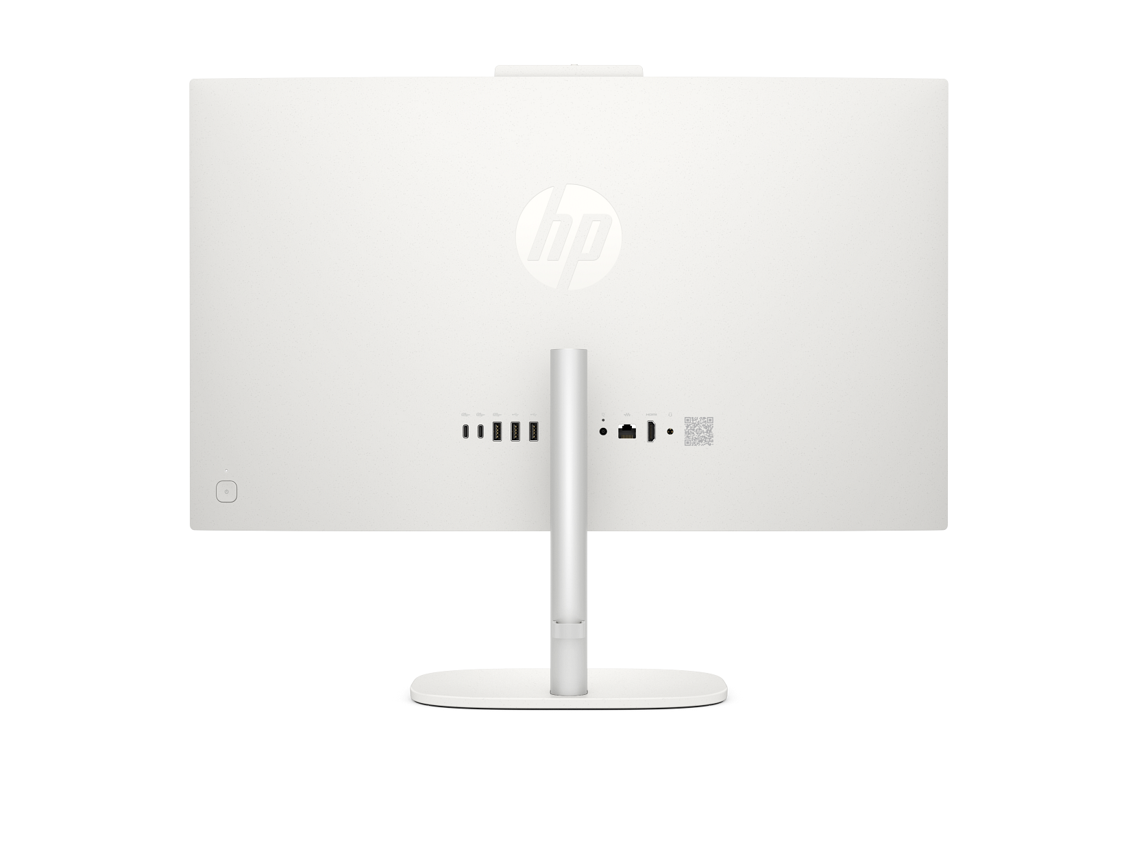 Parte trasera de una computadora HP todo en uno blanca con puertos y código QR.