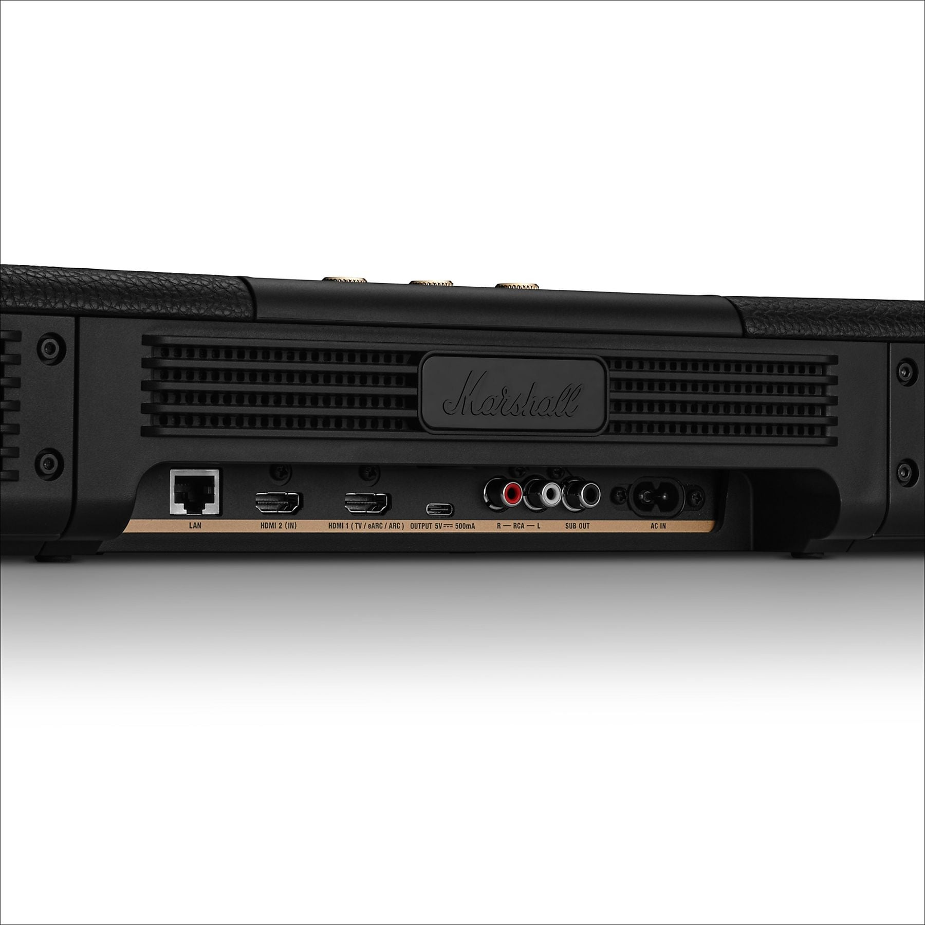 Parte trasera de una barra de sonido Marshall negra con puertos: LAN, HDMI, USB, RCA, Sub Out, AC In.