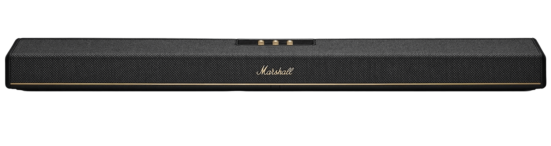 Altavoz Marshall negro con detalles y controles dorados.