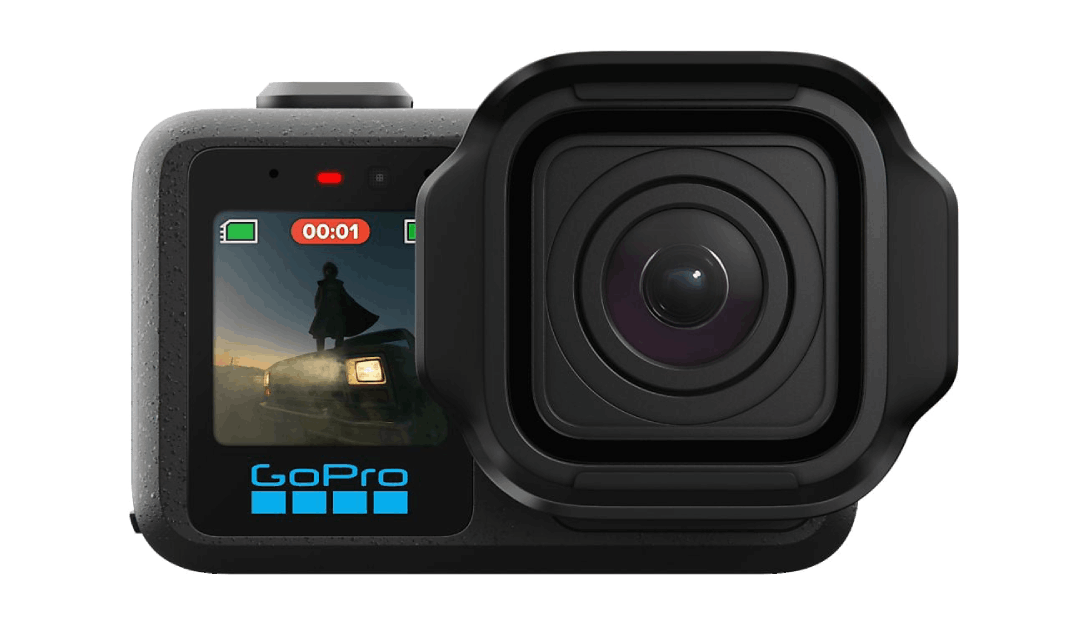 Una cámara GoPro negra con una pantalla que muestra a una persona.