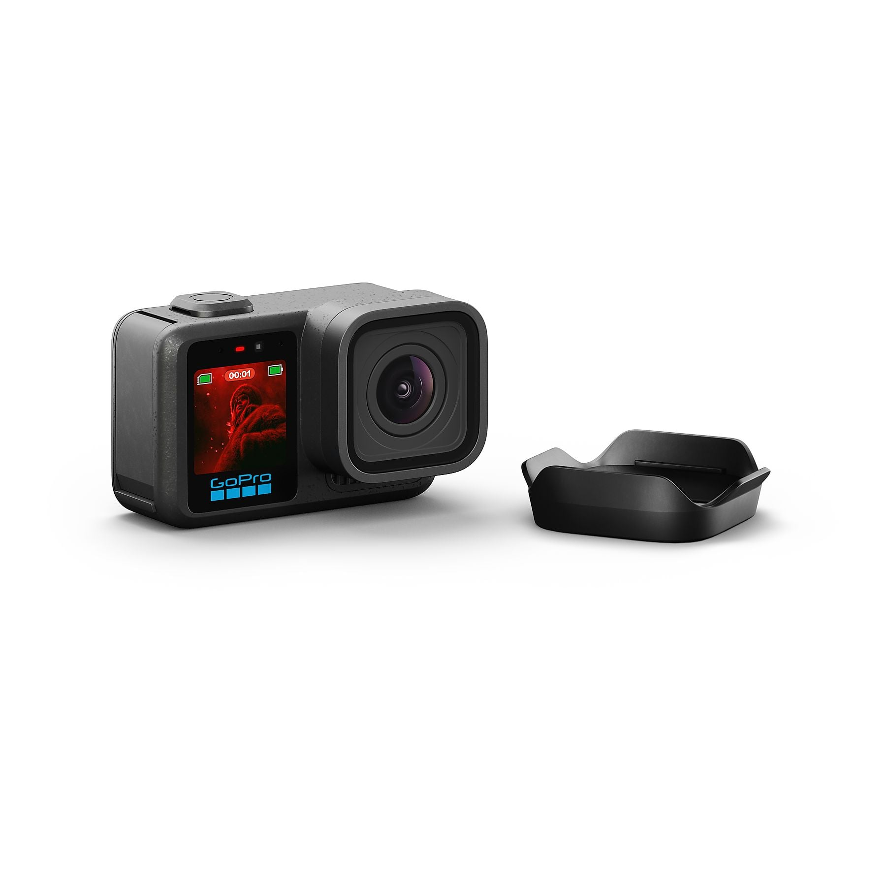 Una cámara GoPro negra con un objetivo y una pequeña pantalla al lado.