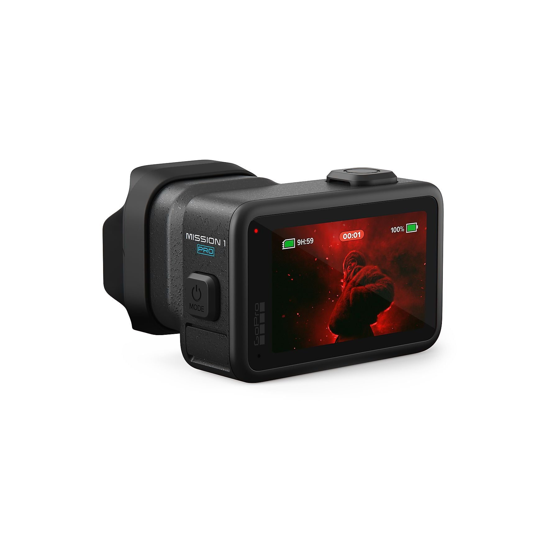 Cámara GoPro negra muestra imagen de persona en fondo rojo y borroso.