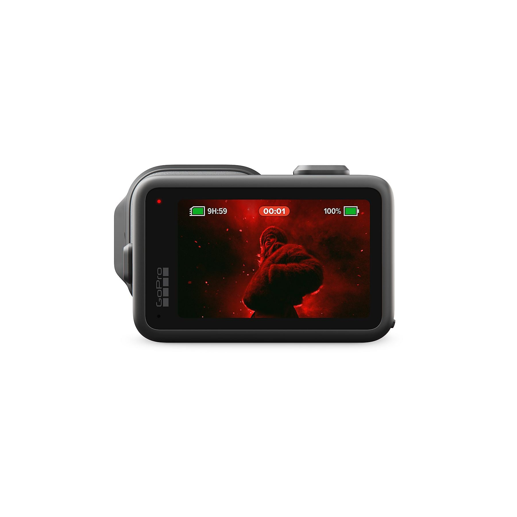 Cámara GoPro mostrando a una persona apretando el puño sobre fondo rojo.