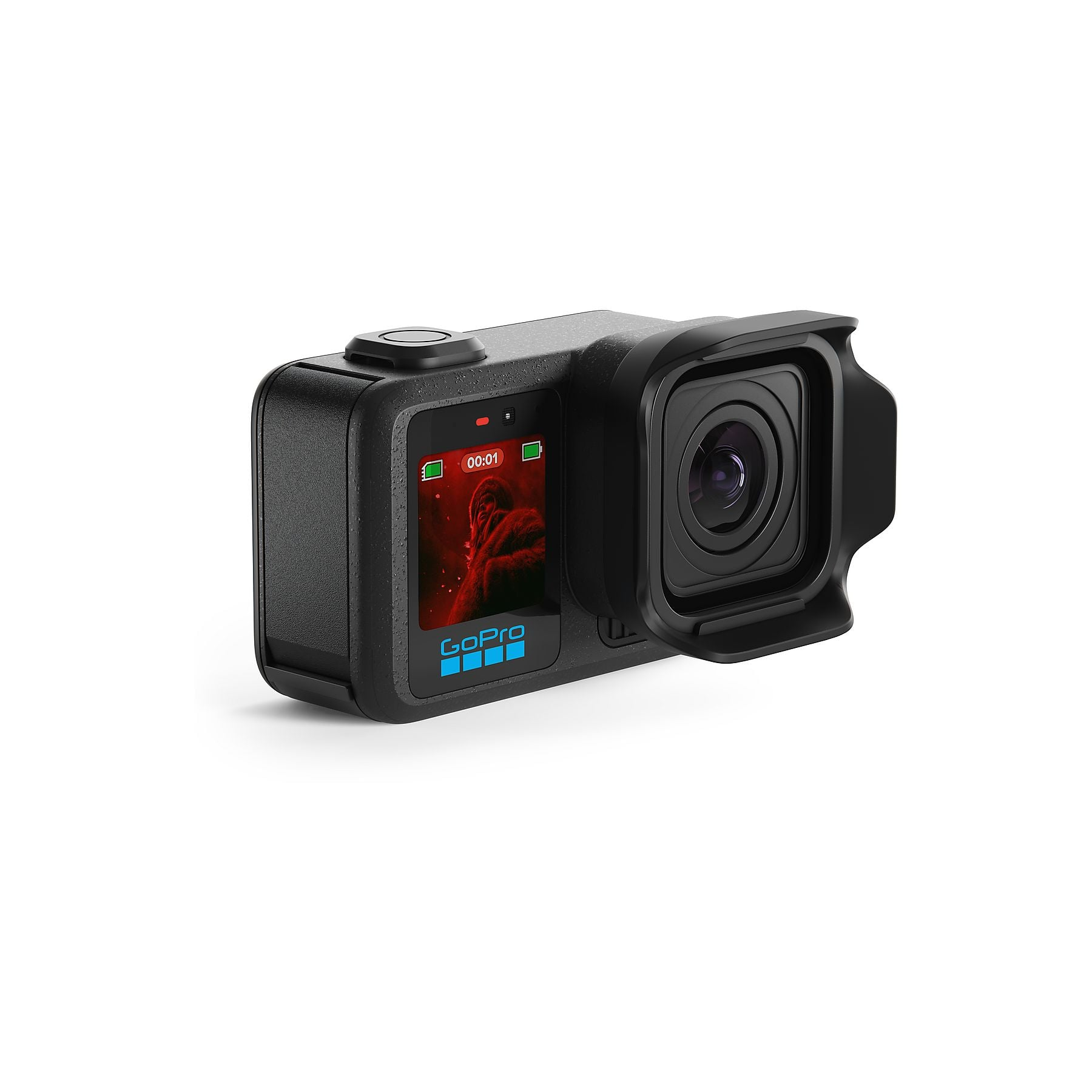Cámara GoPro negra con protector de lente y pantalla mostrando una imagen.