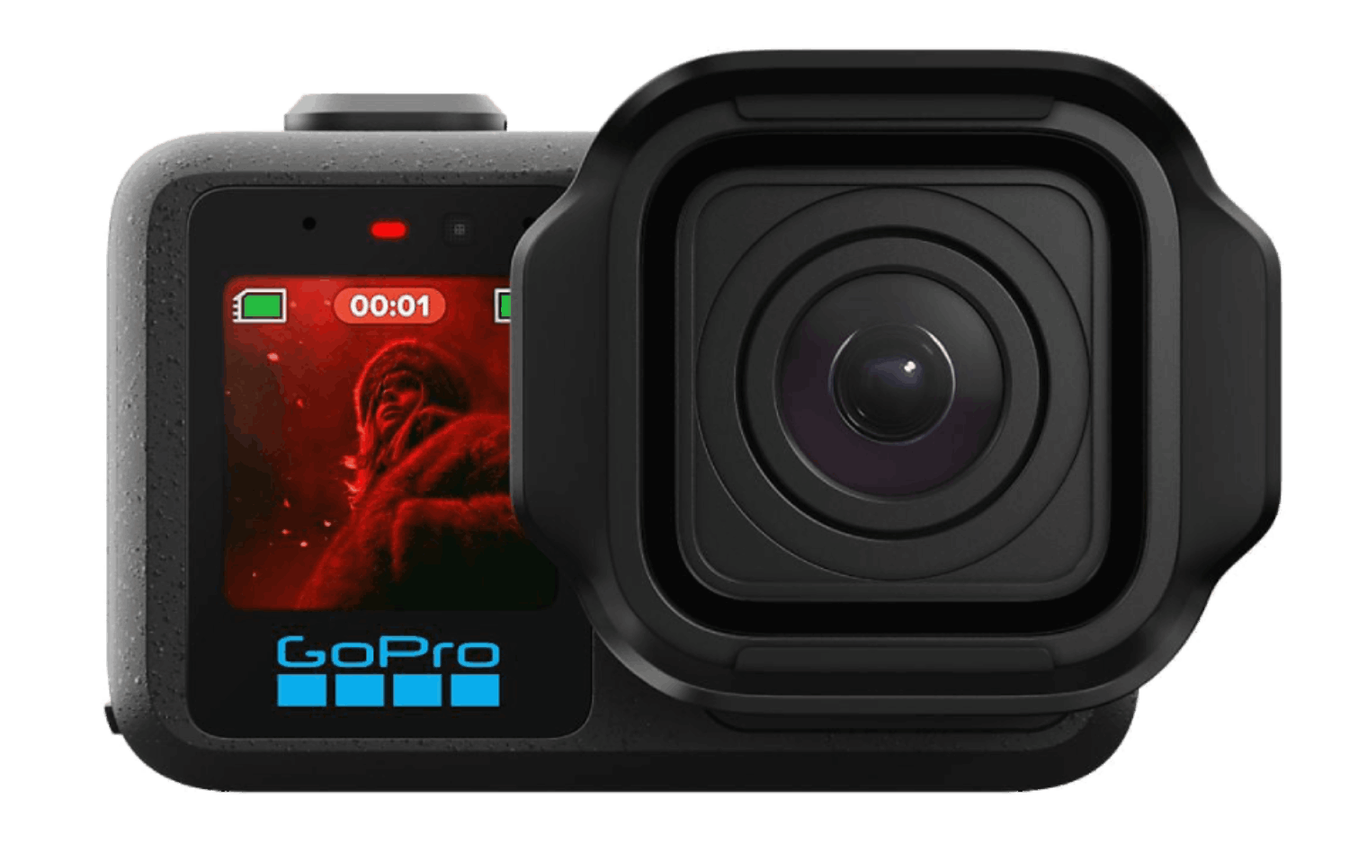 Una cámara GoPro negra que muestra una grabación roja en su pantalla y el logo GoPro.