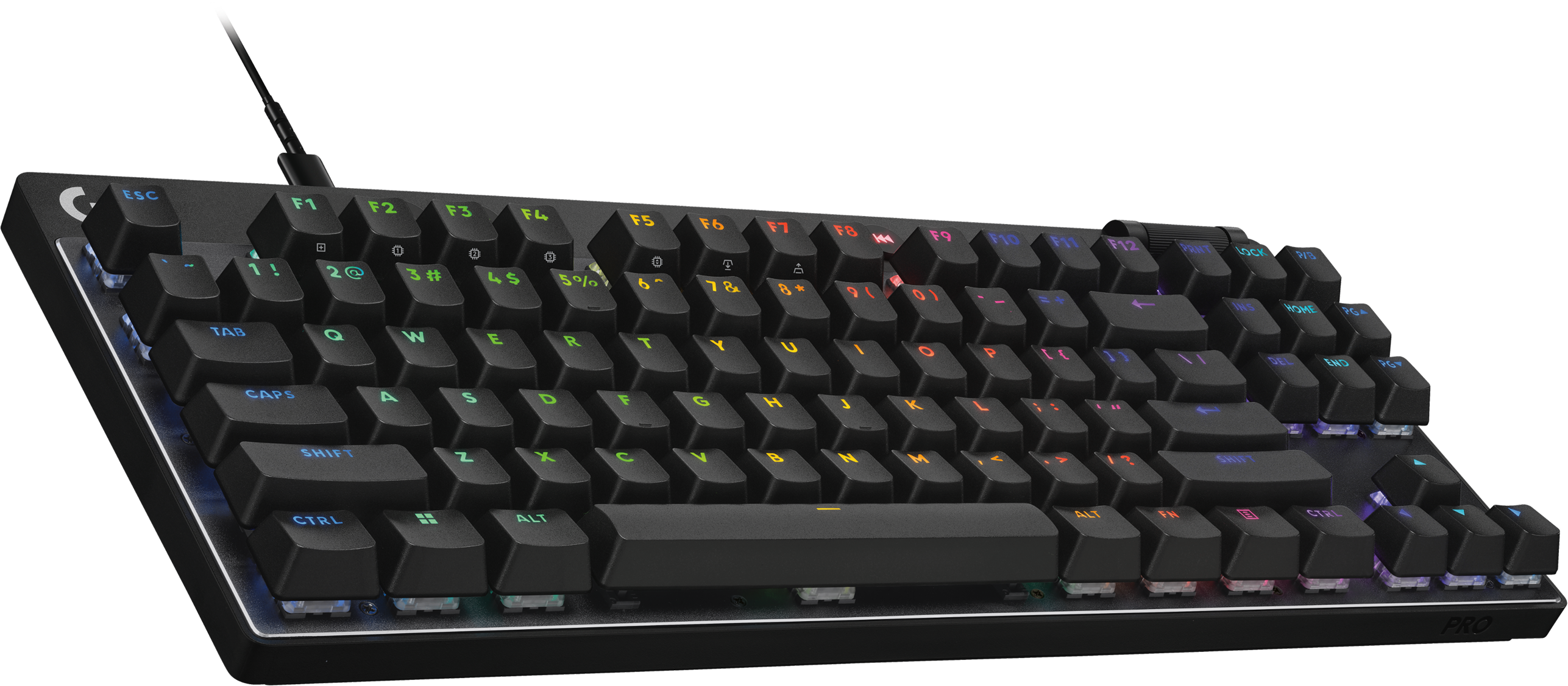 Tastiera nera con illuminazione colorata dei tasti e cavo nero.