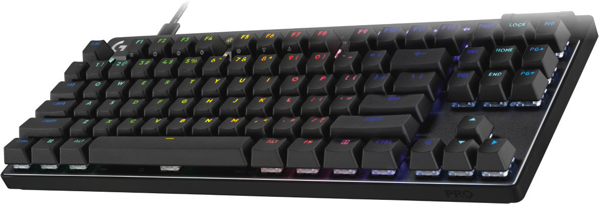 Una tastiera da gioco nera con retroilluminazione RGB su sfondo scuro.