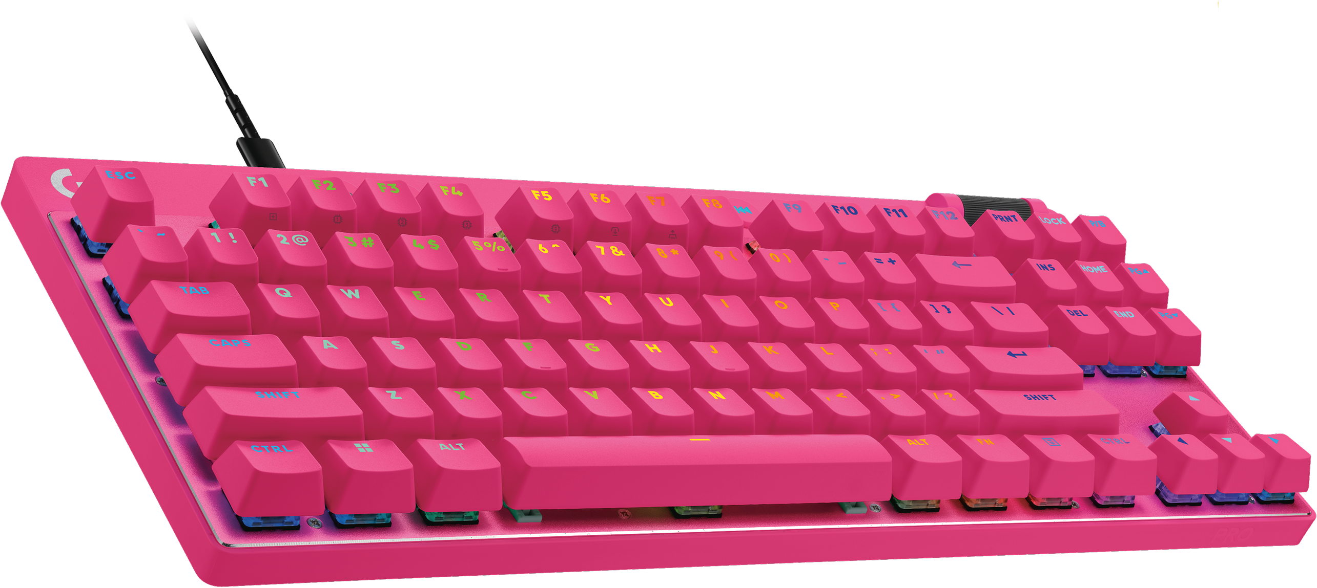 Eine leuchtend pinke mechanische Tastatur mit bunten beleuchteten Tasten und schwarzem Kabel.