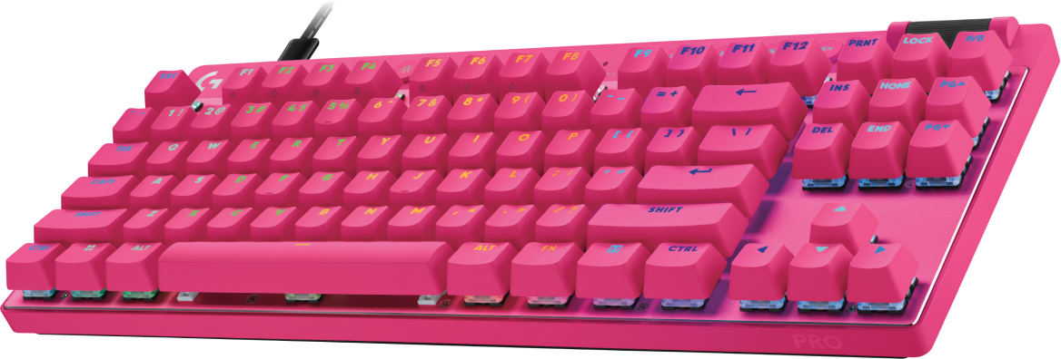 Ein pinkes Gaming-Keyboard mit schwarzen Kabeln und blauen Akzenten.