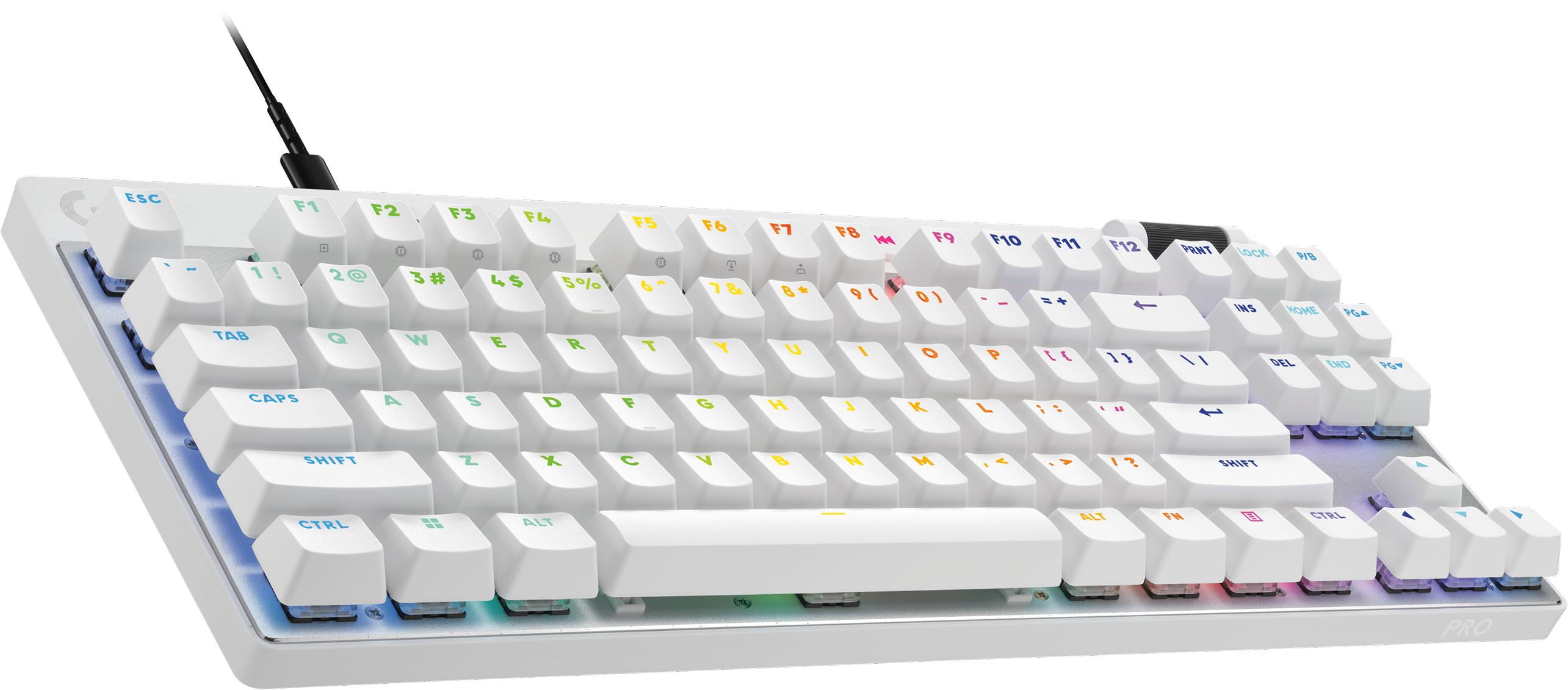 Ein weißes, mechanisches Gaming-Keyboard mit RGB-Beleuchtung und schwarzen Kabeln.