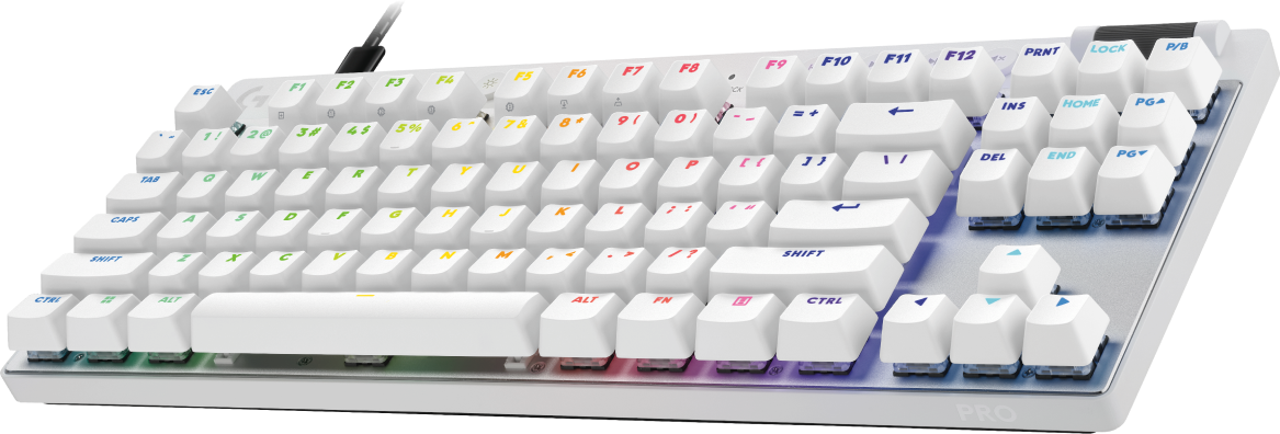 Eine weiße Gaming-Tastatur mit bunten Tasten und RGB-Beleuchtung.