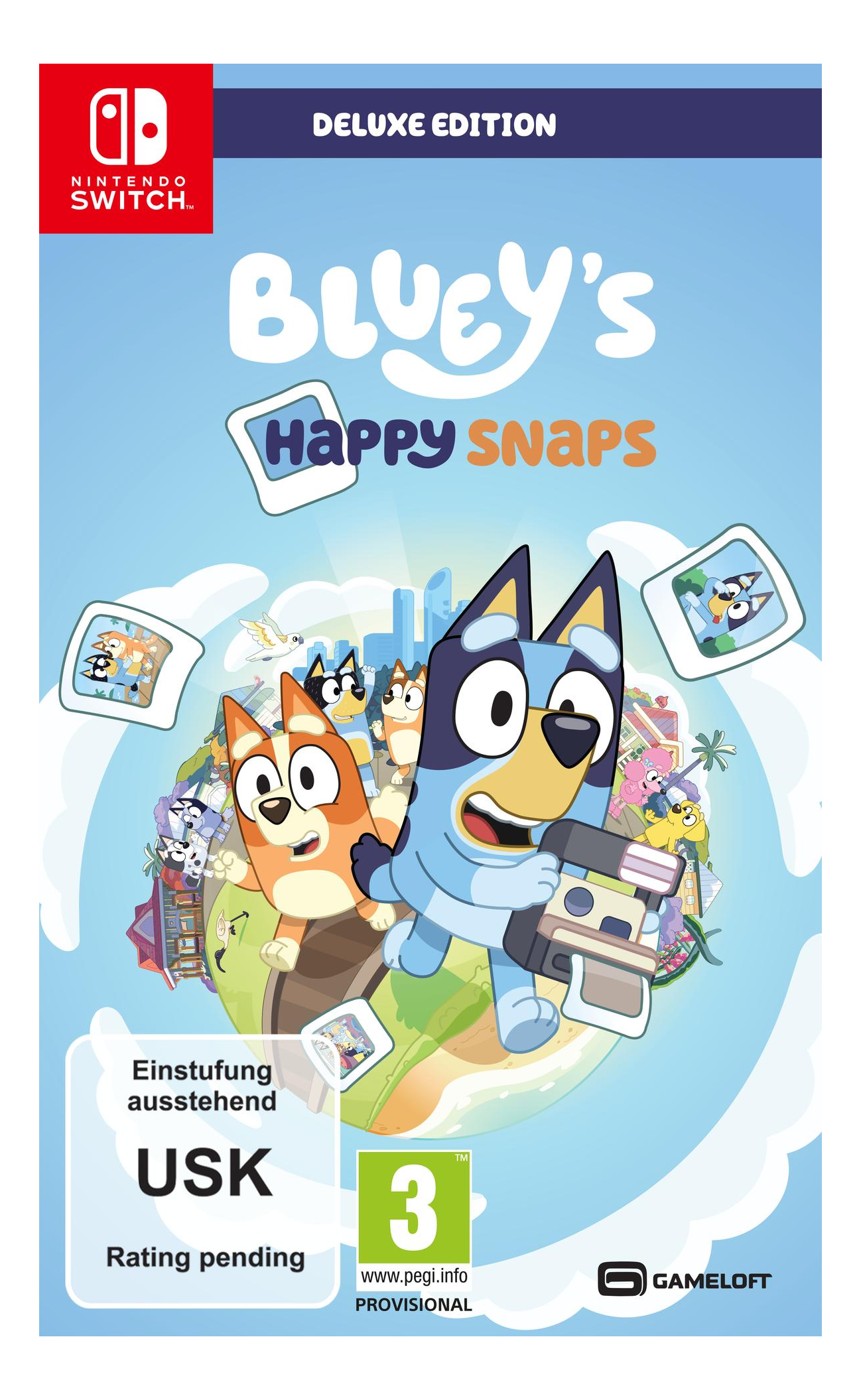 Couverture du jeu Bluey's Happy Snaps avec personnages et logo Nintendo Switch.