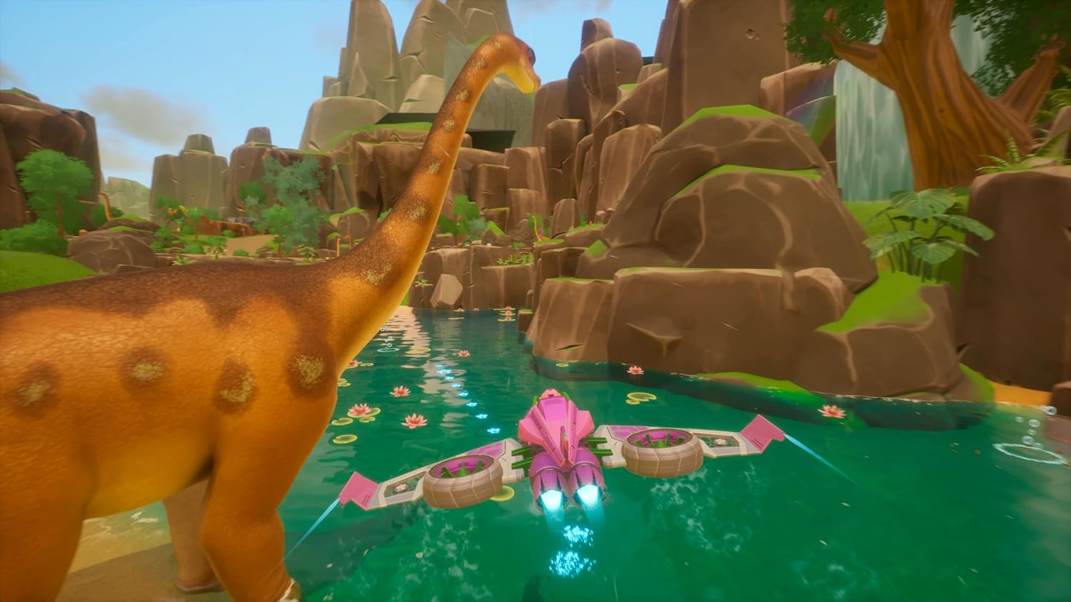 Un dinosaure près d'une rivière avec un vaisseau spatial rose volant dessus.