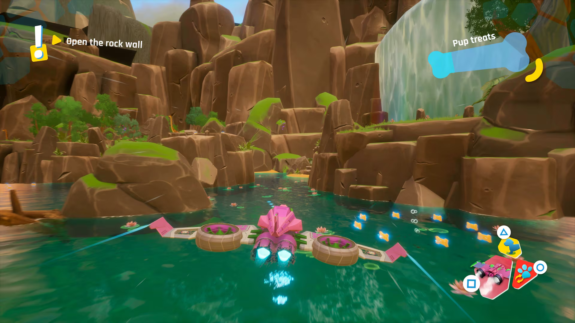 Un aéronef rose vole sur une eau émeraude vers des rochers et des cascades.