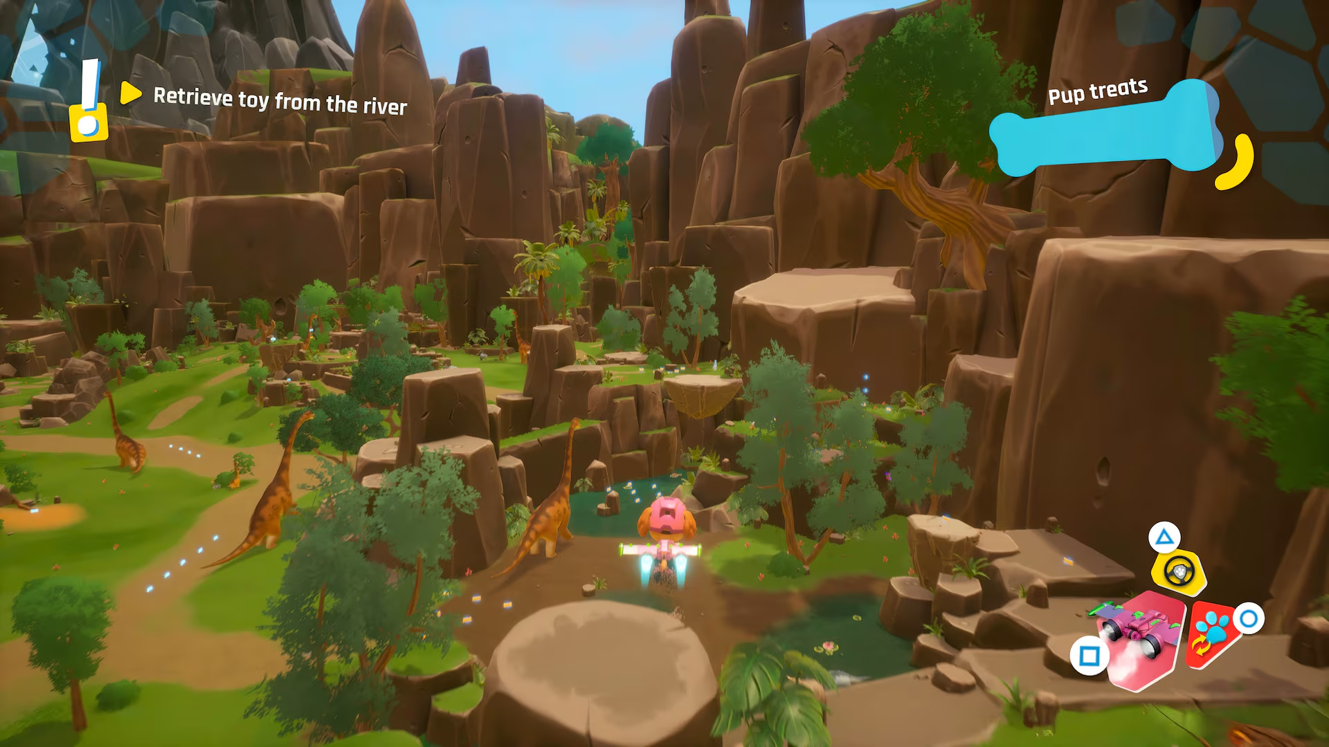 Un paysage ludique de dessin animé avec des dinosaures, des arbres et un personnage dans un véhicule rose.