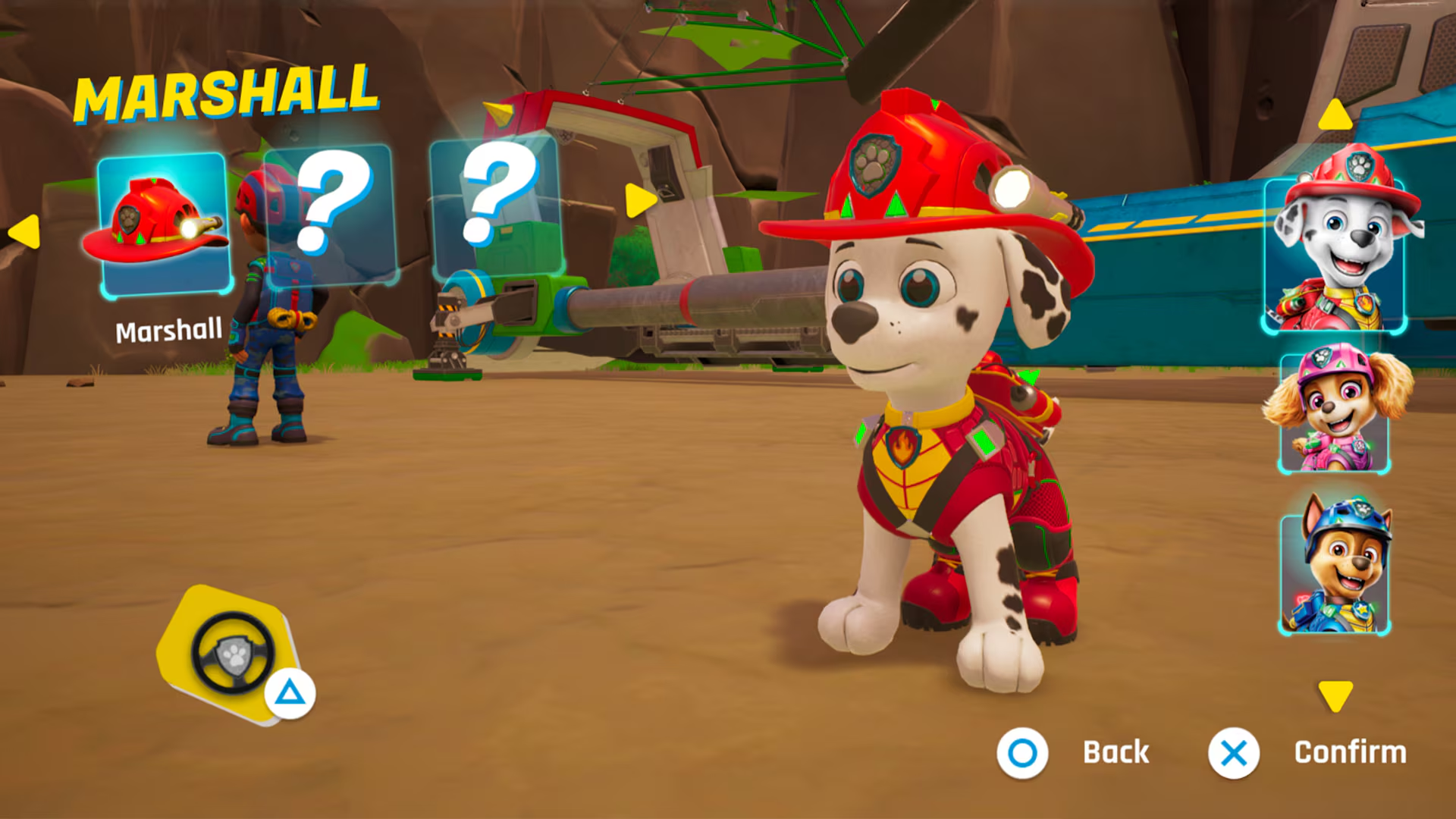 Marshall le chien pompier en uniforme rouge avec casque, sur écran de sélection de jeu.