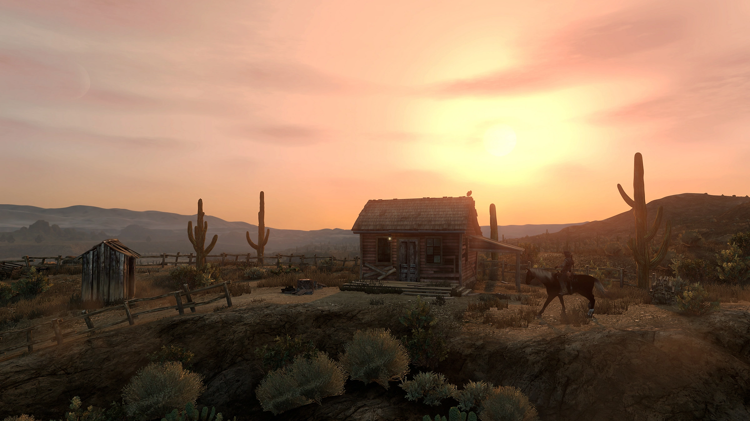 Une cabane en rondins dans l'Ouest sauvage au coucher du soleil, avec des cactus et un cavalier.