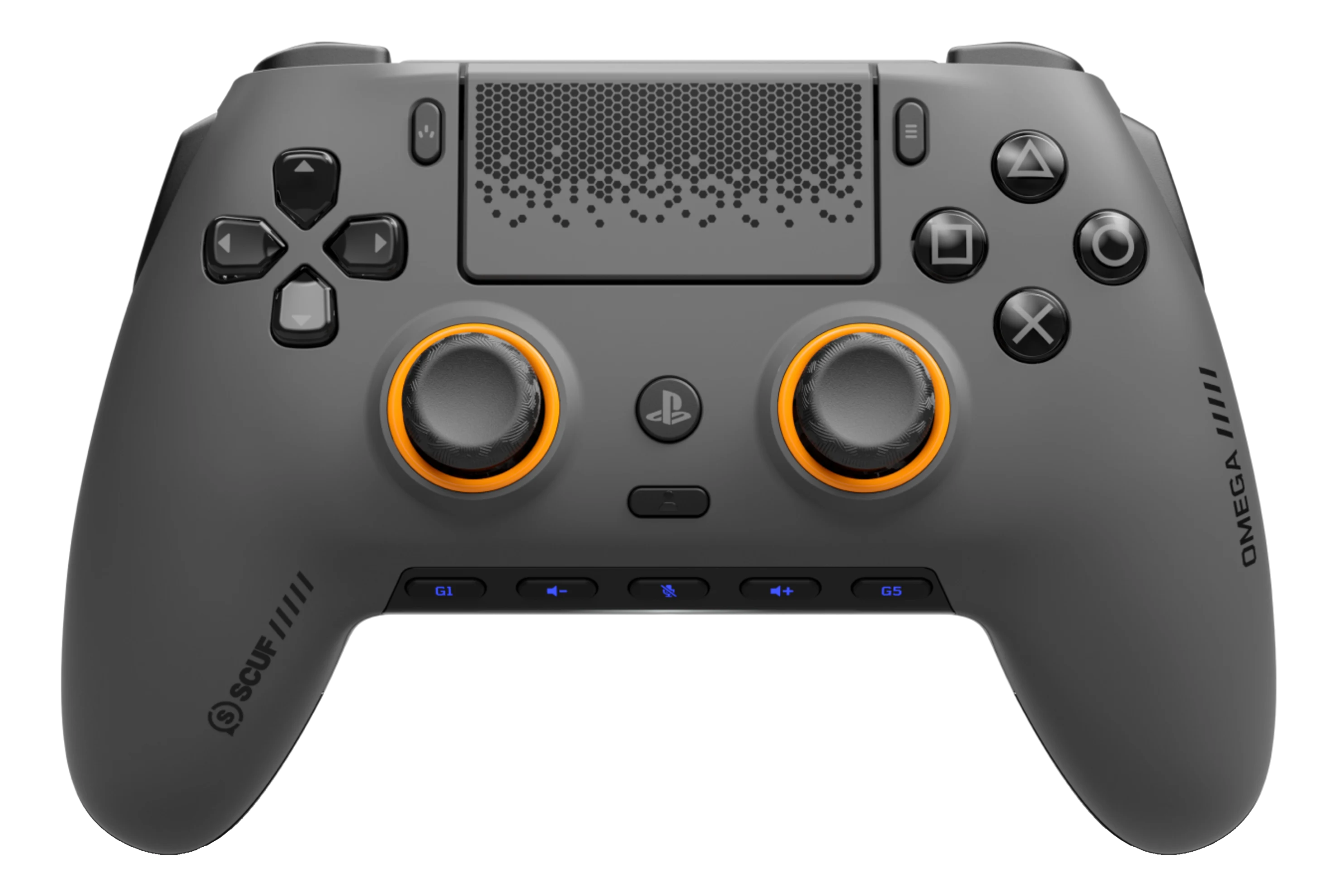 Manette grise avec accents orange et boutons noirs sur fond noir.