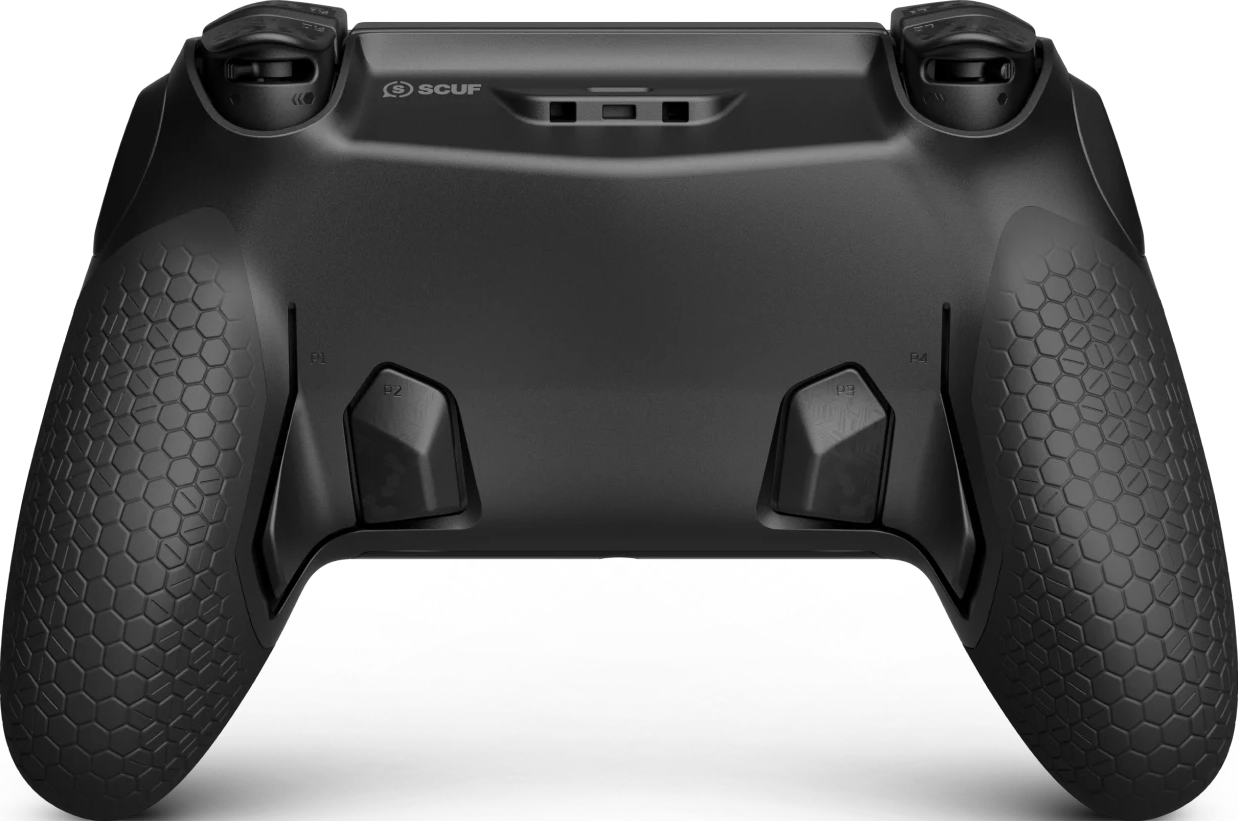 Manette noire avec poignées en nid d'abeille et quatre boutons palettes.