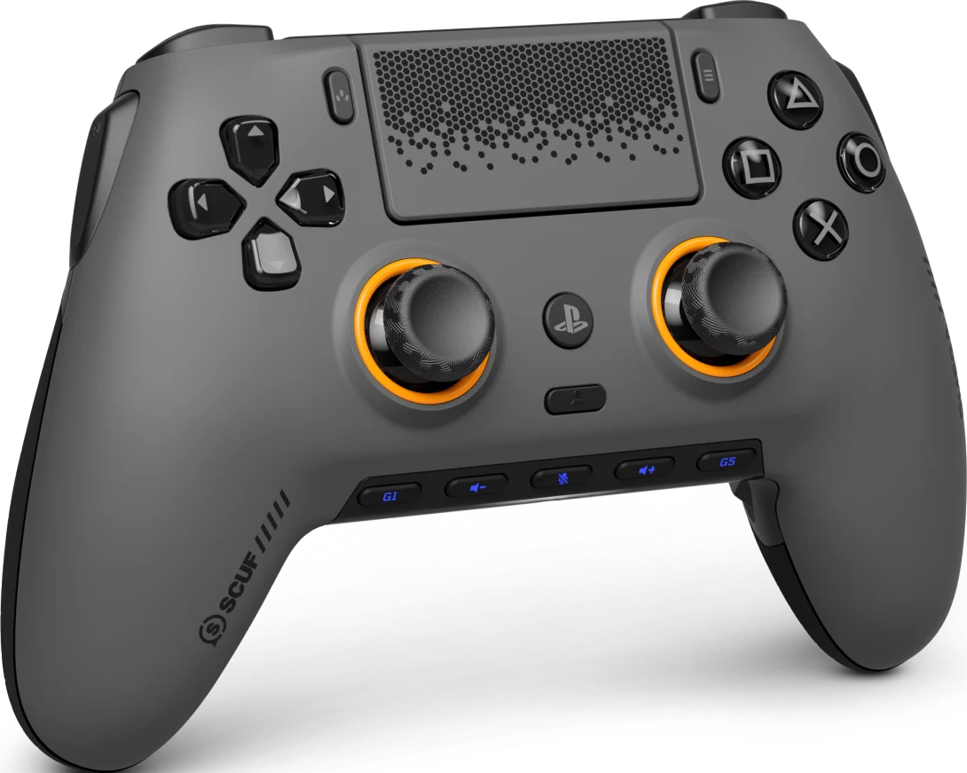Manette de jeu grise avec accents oranges et boutons noirs.