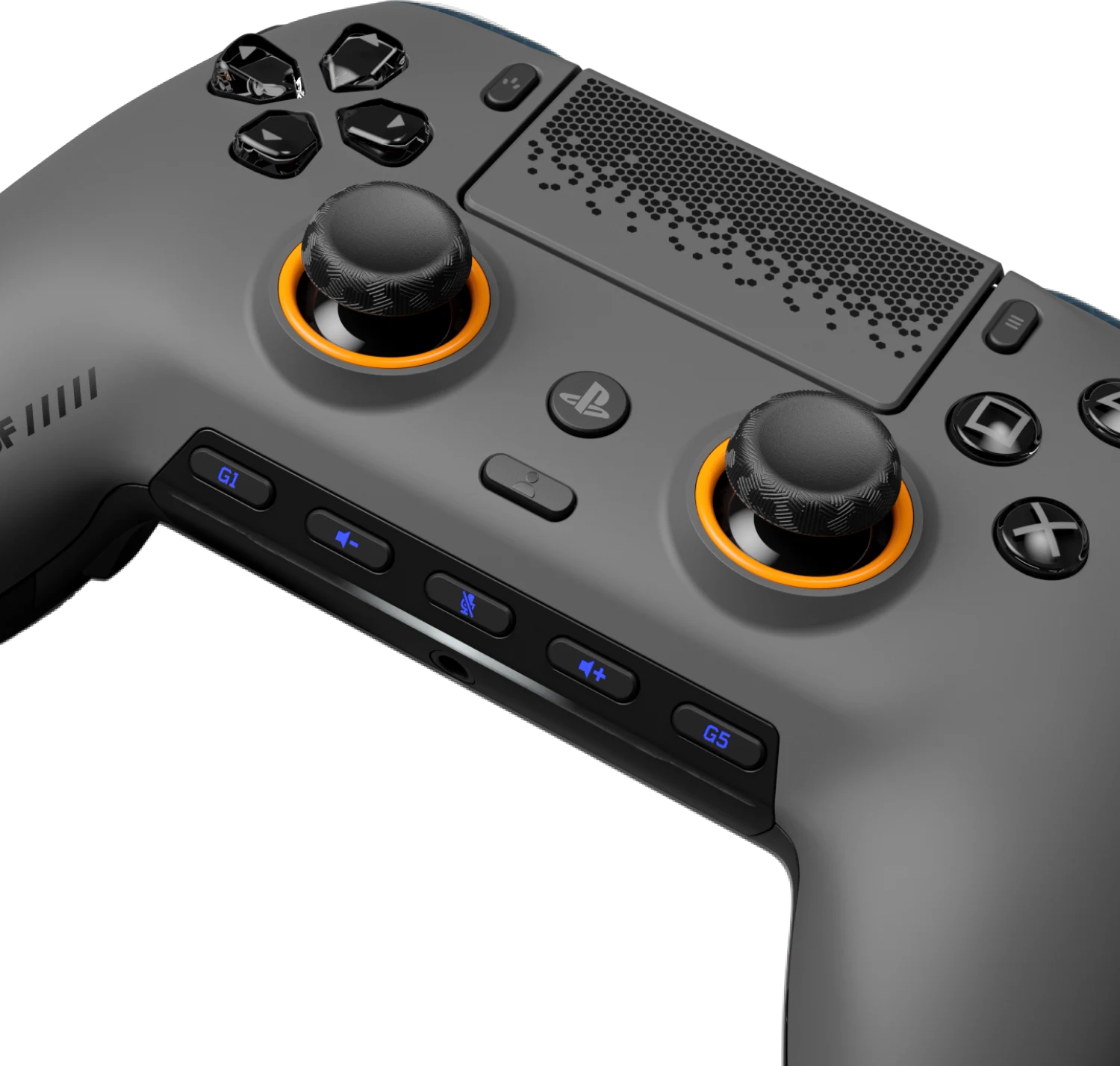 Manette de jeu grise avec accents orange, joysticks noirs et boutons bleus.