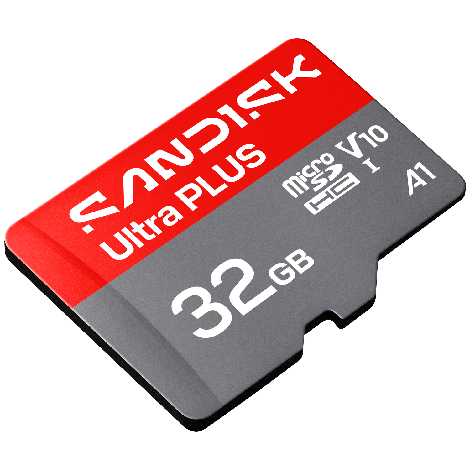 Una tarjeta MicroSD SanDisk Ultra Plus de 32 GB en rojo y gris con calificación V10.
