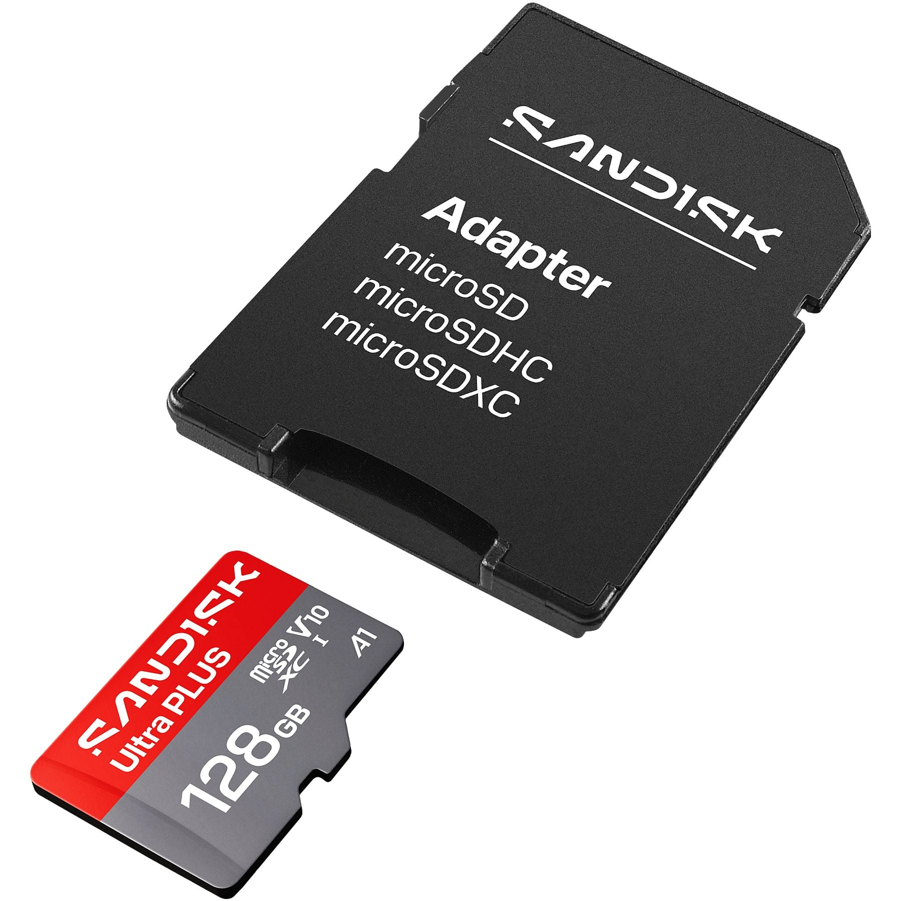 Un adaptador negro y una tarjeta microSD de 128GB de SanDisk están uno al lado del otro.