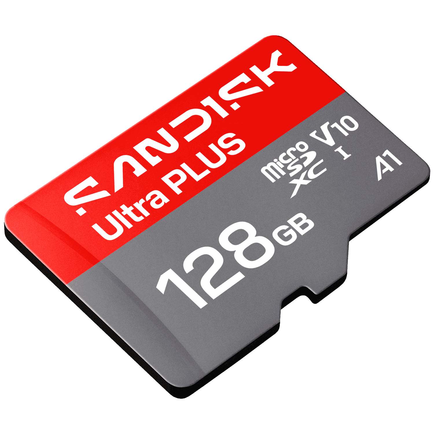 Tarjeta microSDXC SanDisk Ultra Plus roja y gris de 128GB con clasificación V10 A1.
