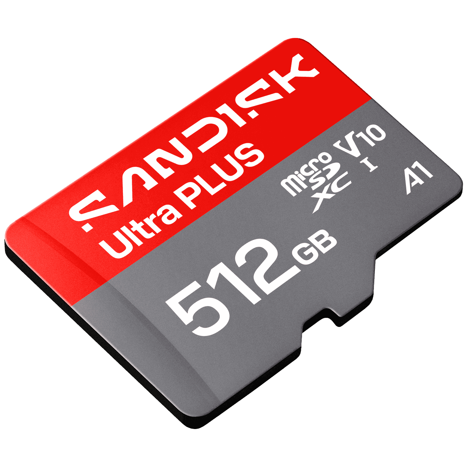 Una tarjeta de memoria microSDXC SanDisk Ultra Plus de 512 GB en gris con detalles rojos.