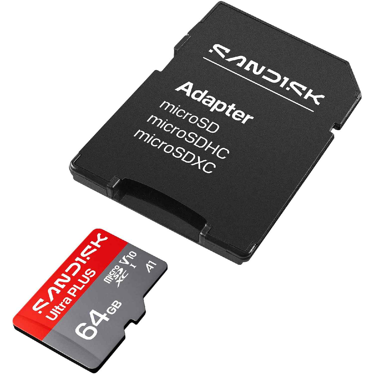 Tarjeta MicroSD Sandisk y adaptador sobre fondo blanco.
