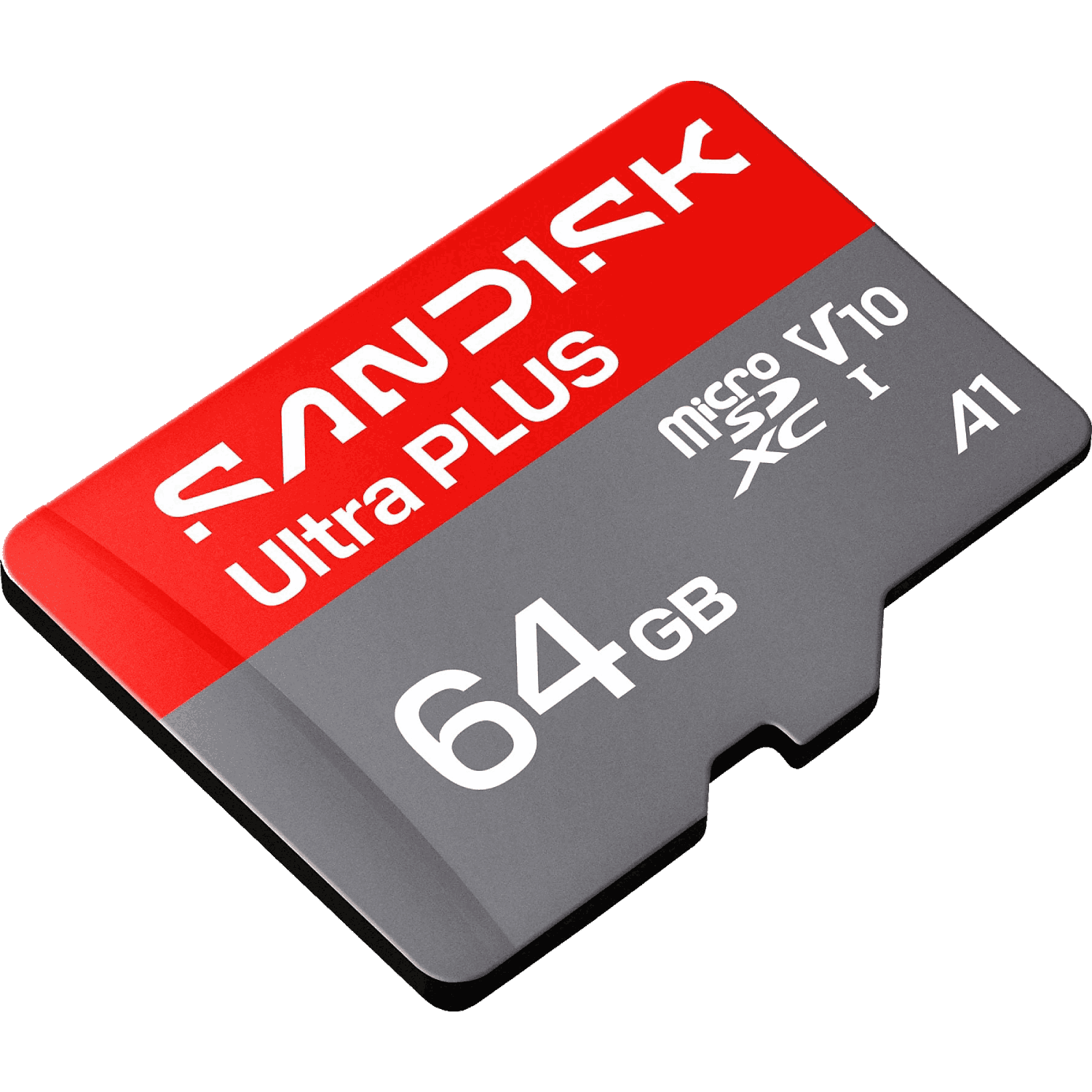 Una tarjeta MicroSD de 64 GB en rojo y gris con SanDisk Ultra Plus.