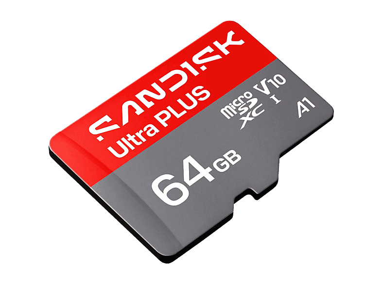 Tarjeta Micro SD - SANDISK Ultra PLUS, 64 GB, 150 MB/s, UHS-I, V10, A1, C10, Adaptador SD, Full HD, Gris