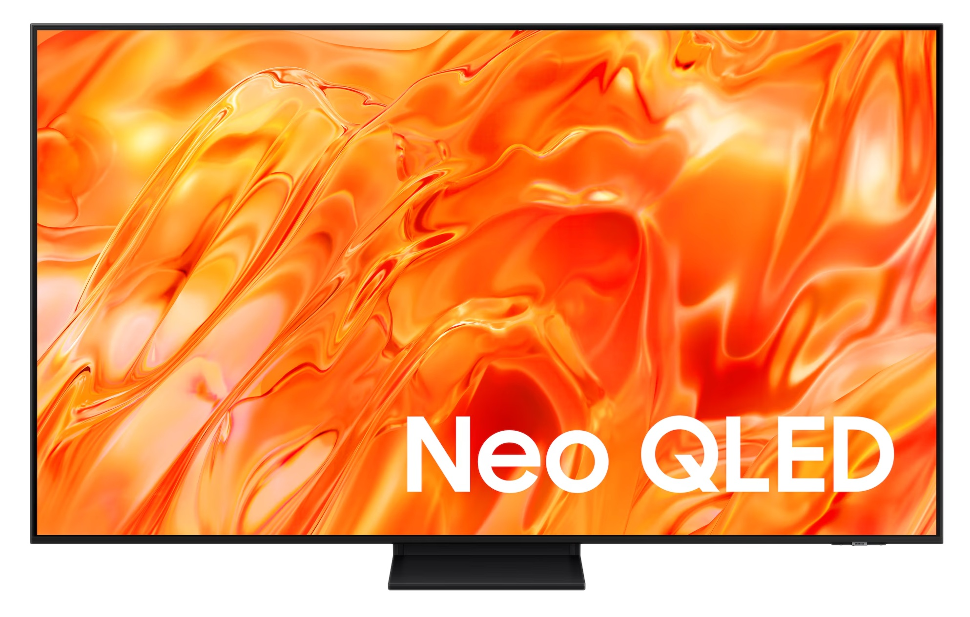 Nowoczesny telewizor z żywym, pomarańczowym wzorem abstrakcyjnym i napisem "Neo QLED".
