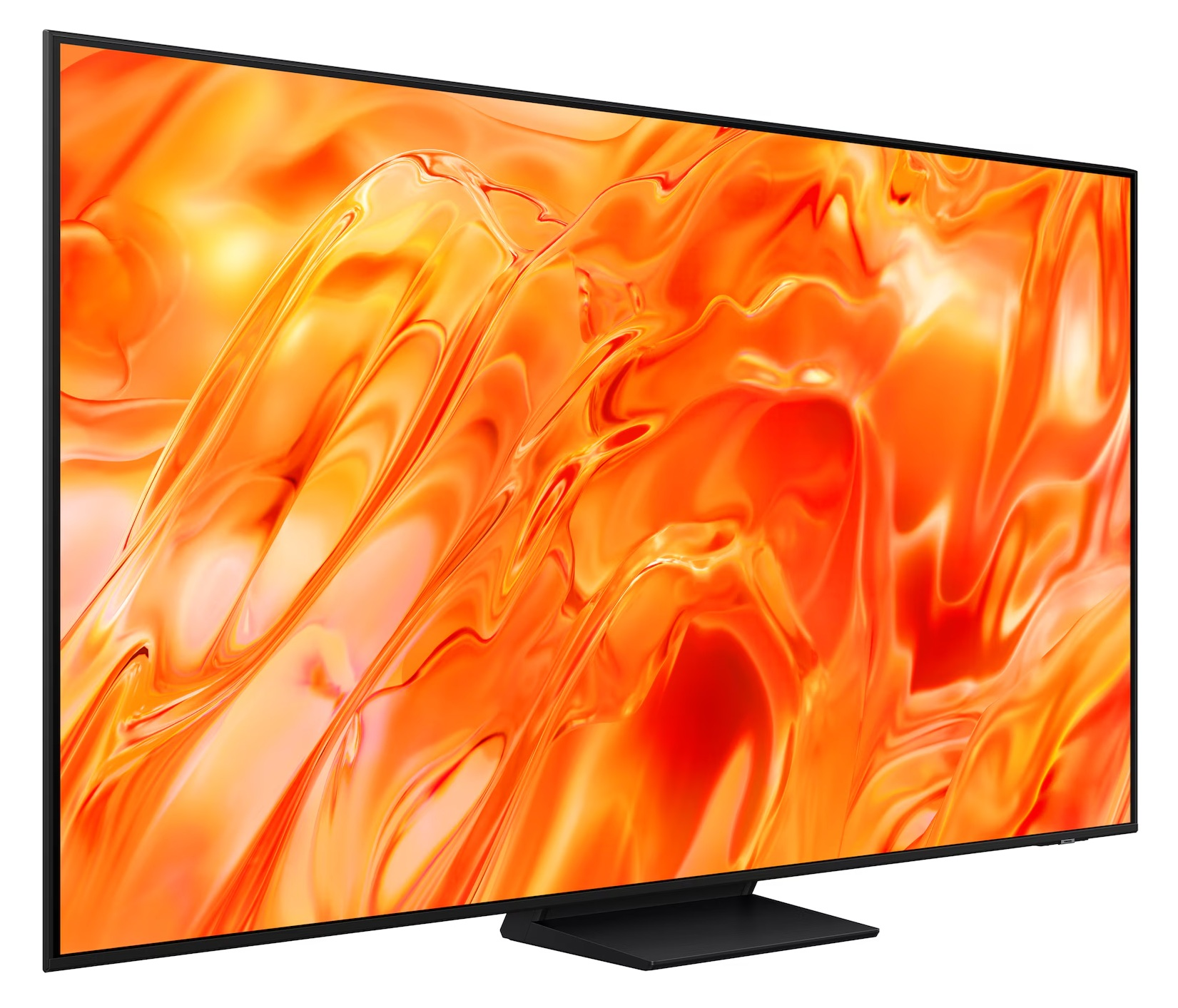 Nowoczesny czarny telewizor wyświetla żywy pomarańczowy abstrakcyjny obraz z płynnymi kształtami.