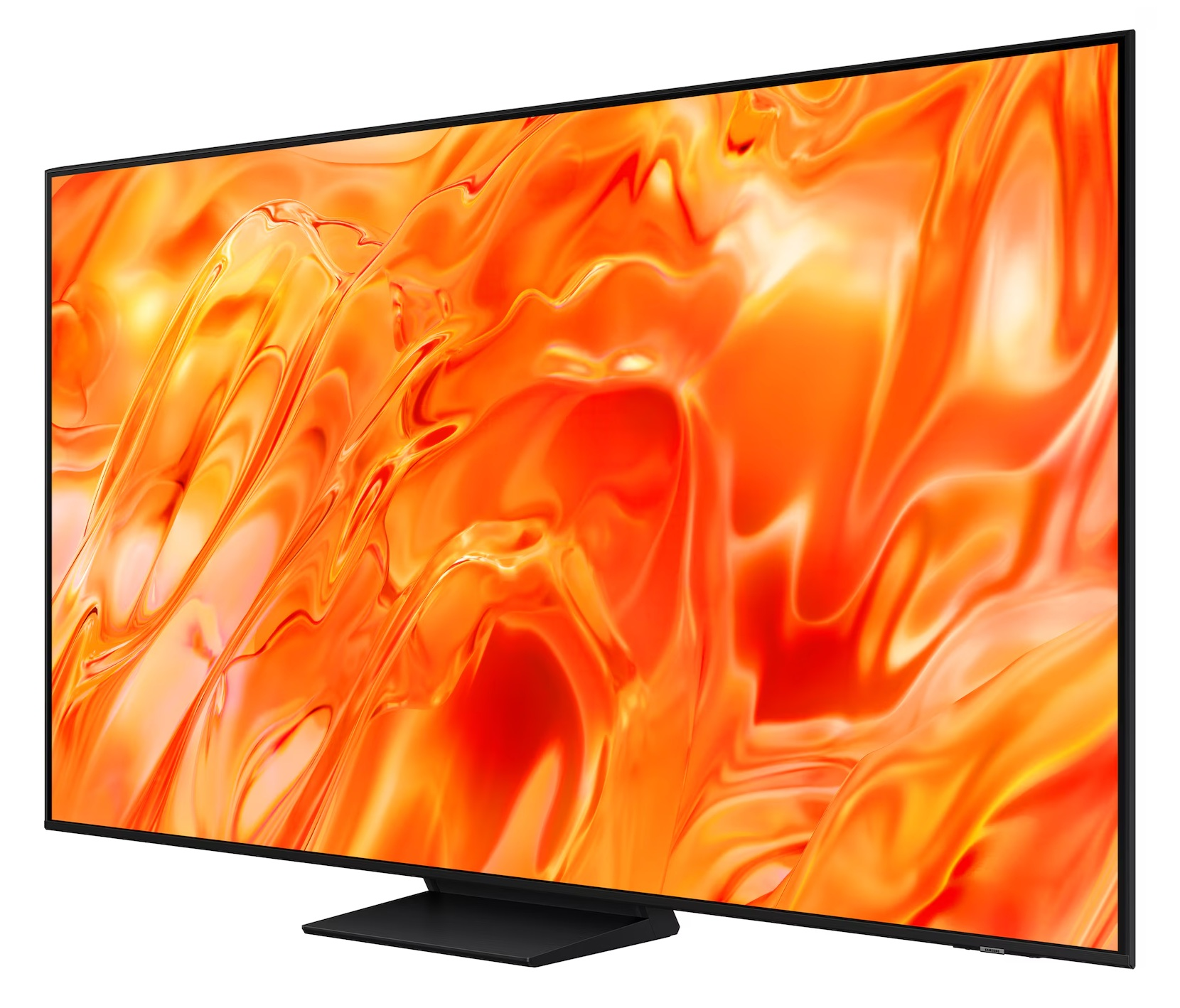 Nowoczesny czarny telewizor z żywym pomarańczowo-żółtym abstrakcyjnym wzorem na ekranie.