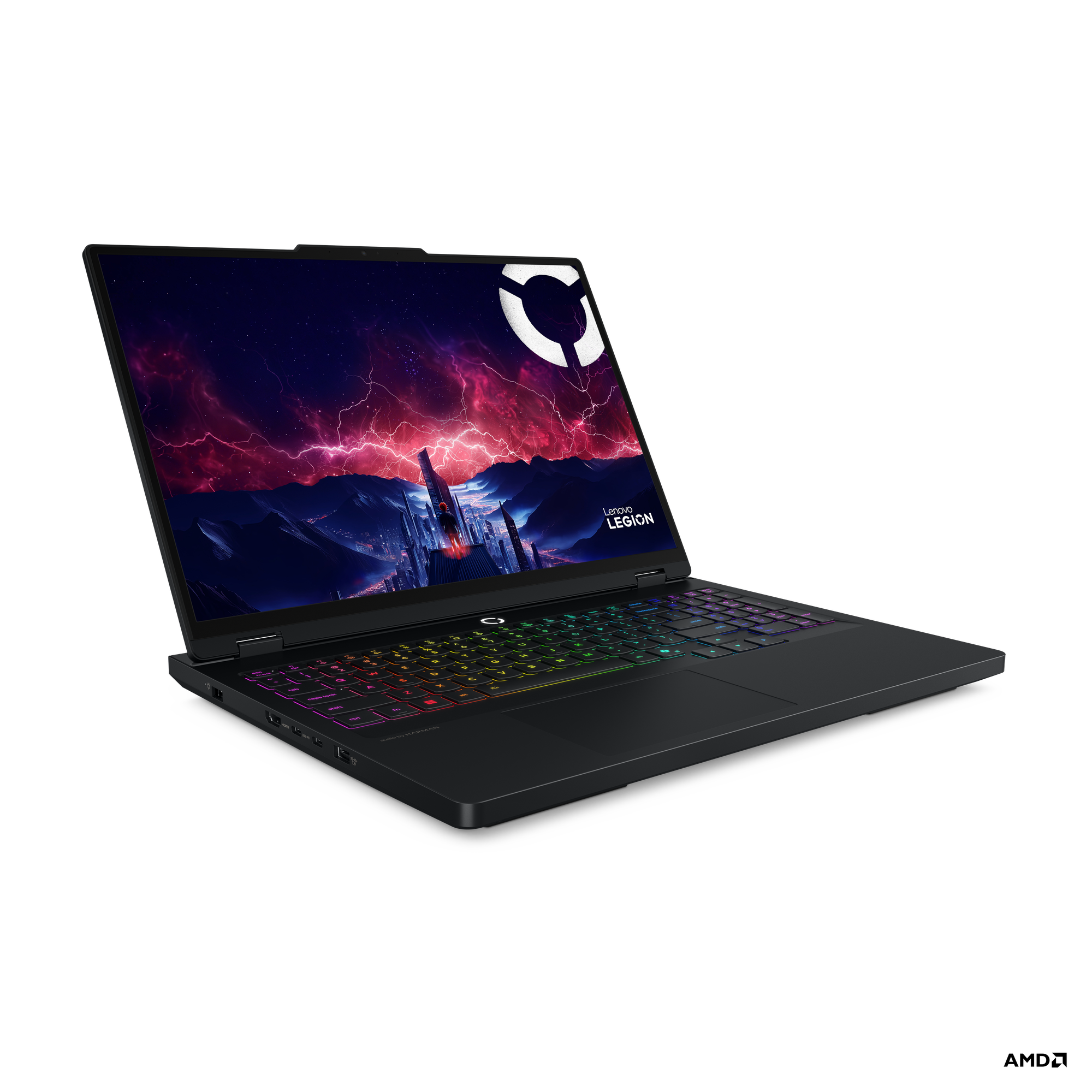 Renkli klavyeli ve fütüristik şehir duvar kağıtlı siyah Lenovo Legion dizüstü bilgisayar.