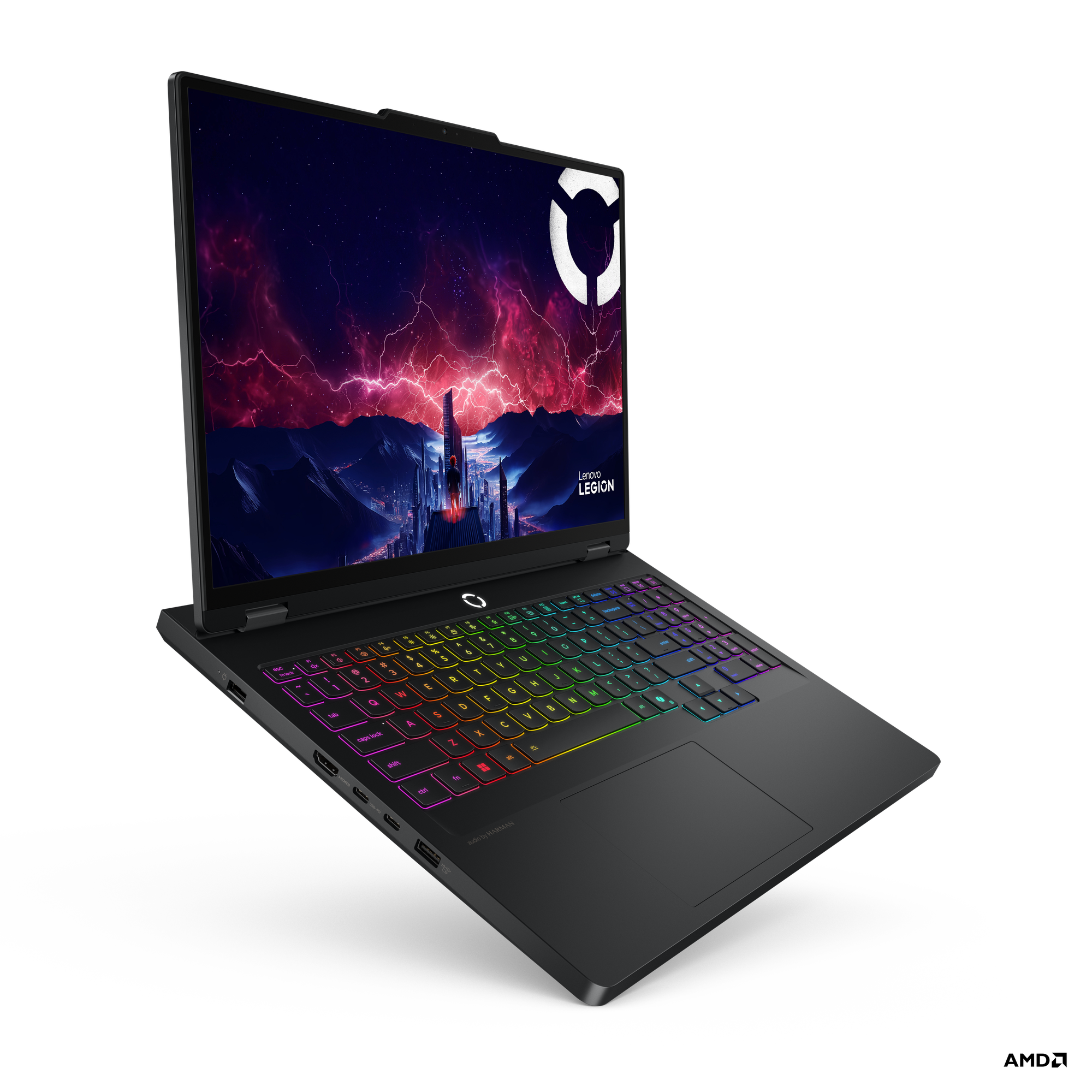 Arkadan aydınlatmalı klavyeli ve fütüristik duvar kağıtlı açık siyah Lenovo Legion dizüstü bilgisayar.