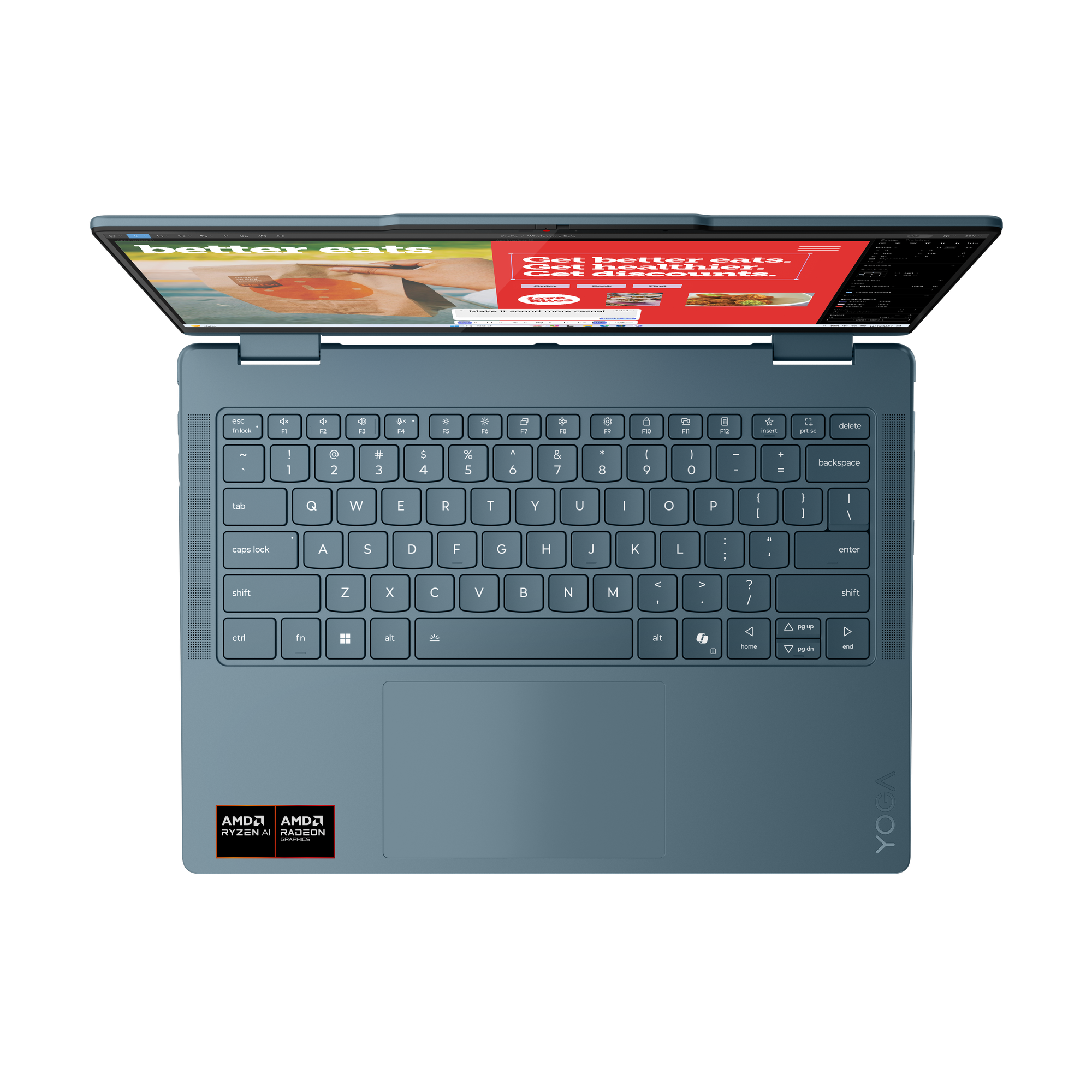 Açık ekranı web sitesi gösteren mavi bir dizüstü bilgisayar. AMD logoları sol altta.