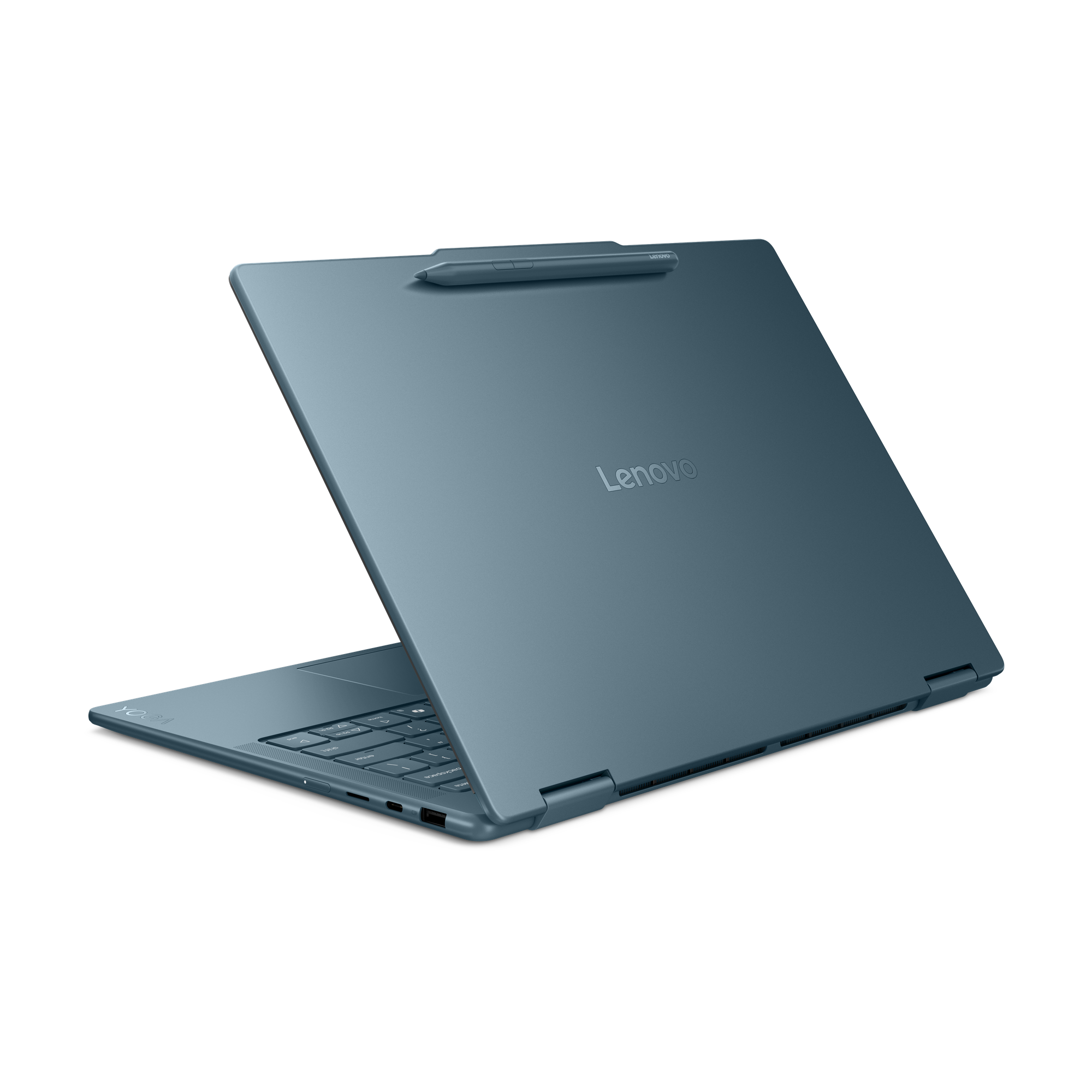Styluslu mavi Lenovo dizüstü bilgisayar, kapalı, siyah arka plan üzerinde.