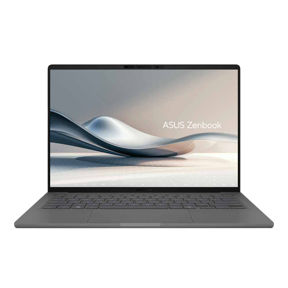 Gri bir Asus Zenbook dizüstü bilgisayar açık, marka adıyla şık, soyut bir duvar kağıdı gösteriyor.