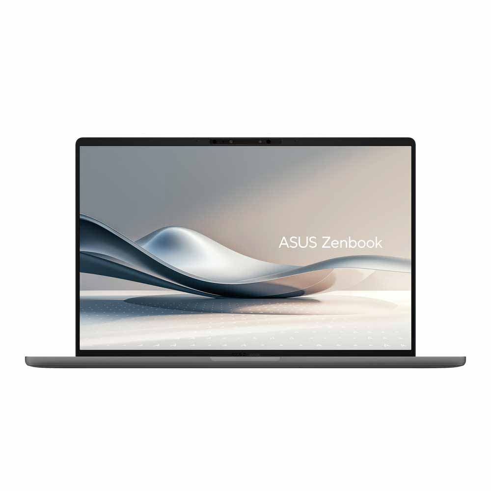 Ekranında şık bir duvar kağıdı gösteren gri Asus Zenbook dizüstü bilgisayar.