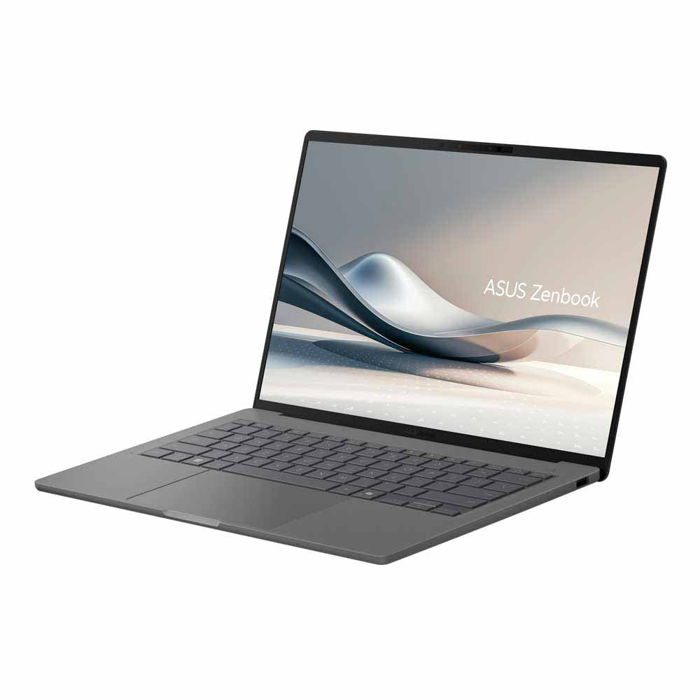 Ekranında soyut grafik bulunan kapalı gri Asus Zenbook dizüstü bilgisayar.